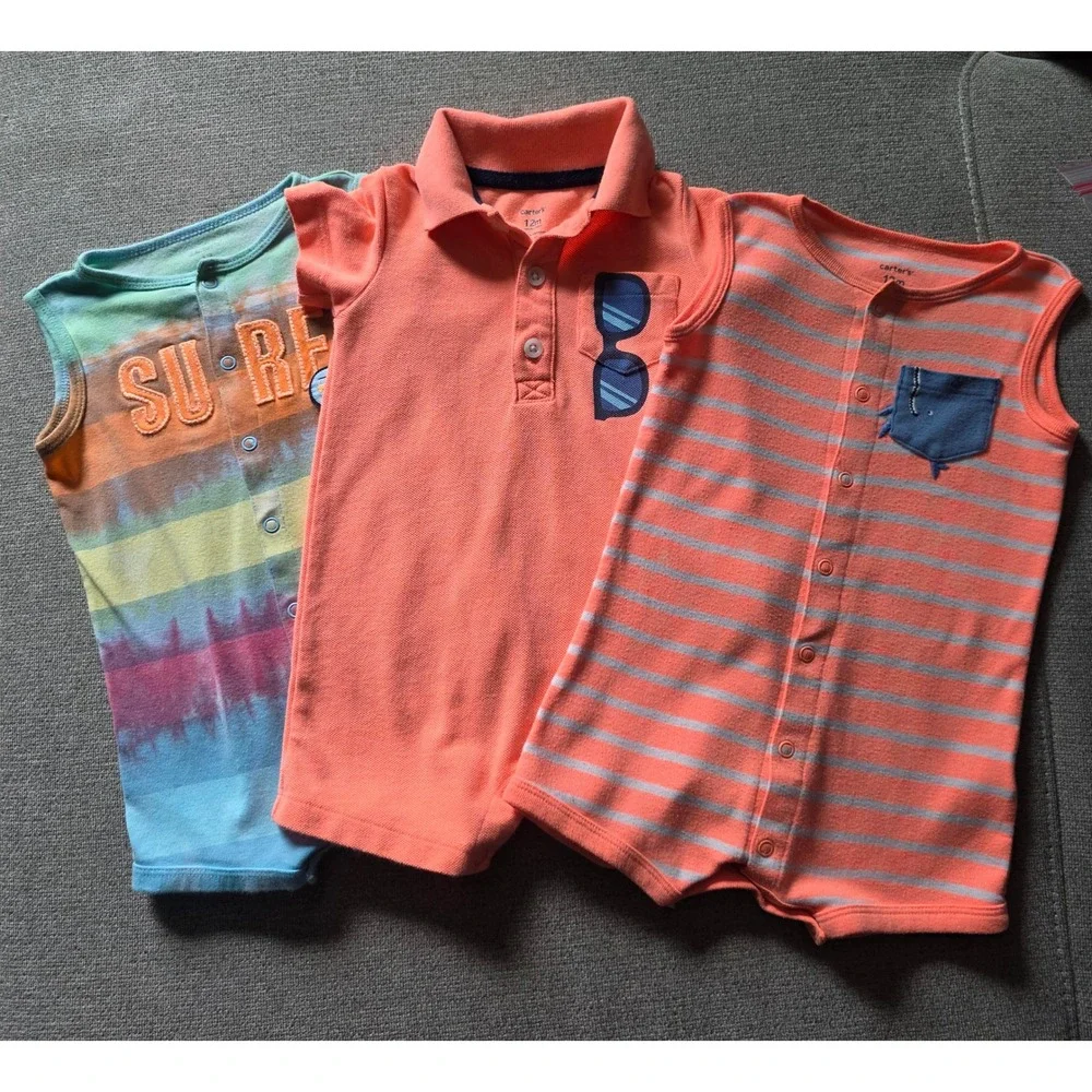 Carters Baby Boy Rompers Lot 3pc 12 Months Summer Orange Stripe Tie Dye Surf